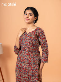 Cotton readymade kurti maroon and beige with kalamkari prints & kantha stitch sequin work neck pattern without bottom