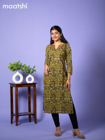 Cotton readymade kurti sap green with allover floral prints & kantha work without bottom