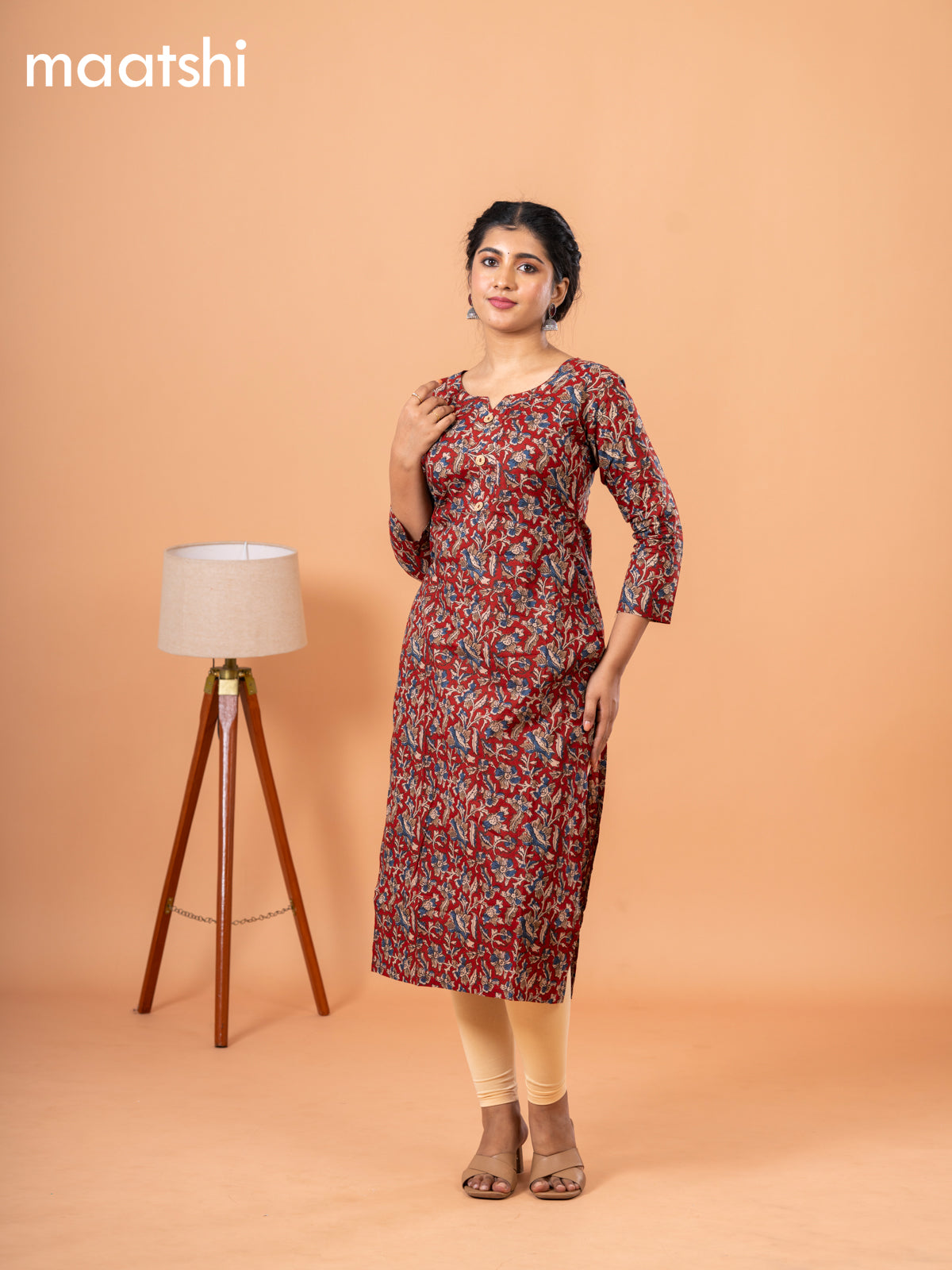 Cotton readymade kurti maroon with kalamkari prints & simple neck pattern without bottom