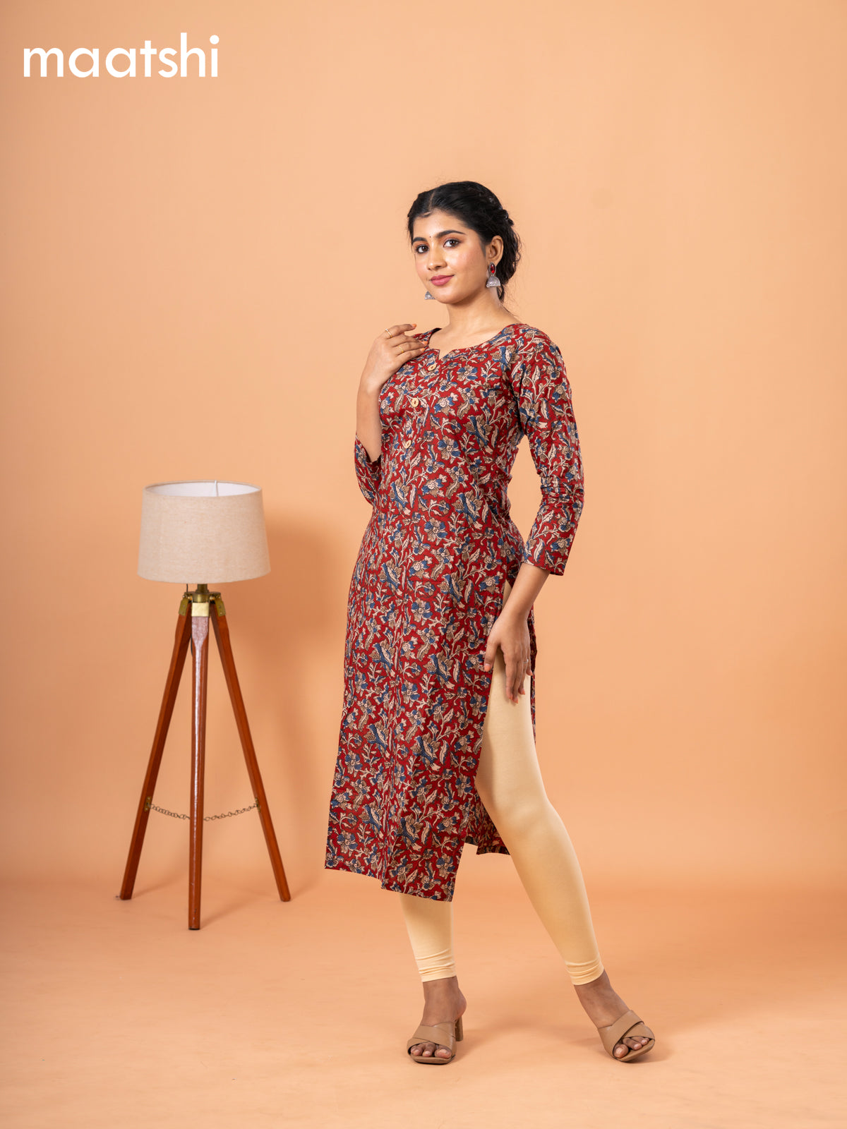 Cotton readymade kurti maroon with kalamkari prints & simple neck pattern without bottom