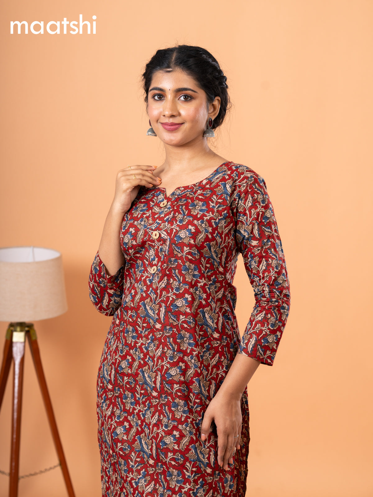 Cotton readymade kurti maroon with kalamkari prints & simple neck pattern without bottom