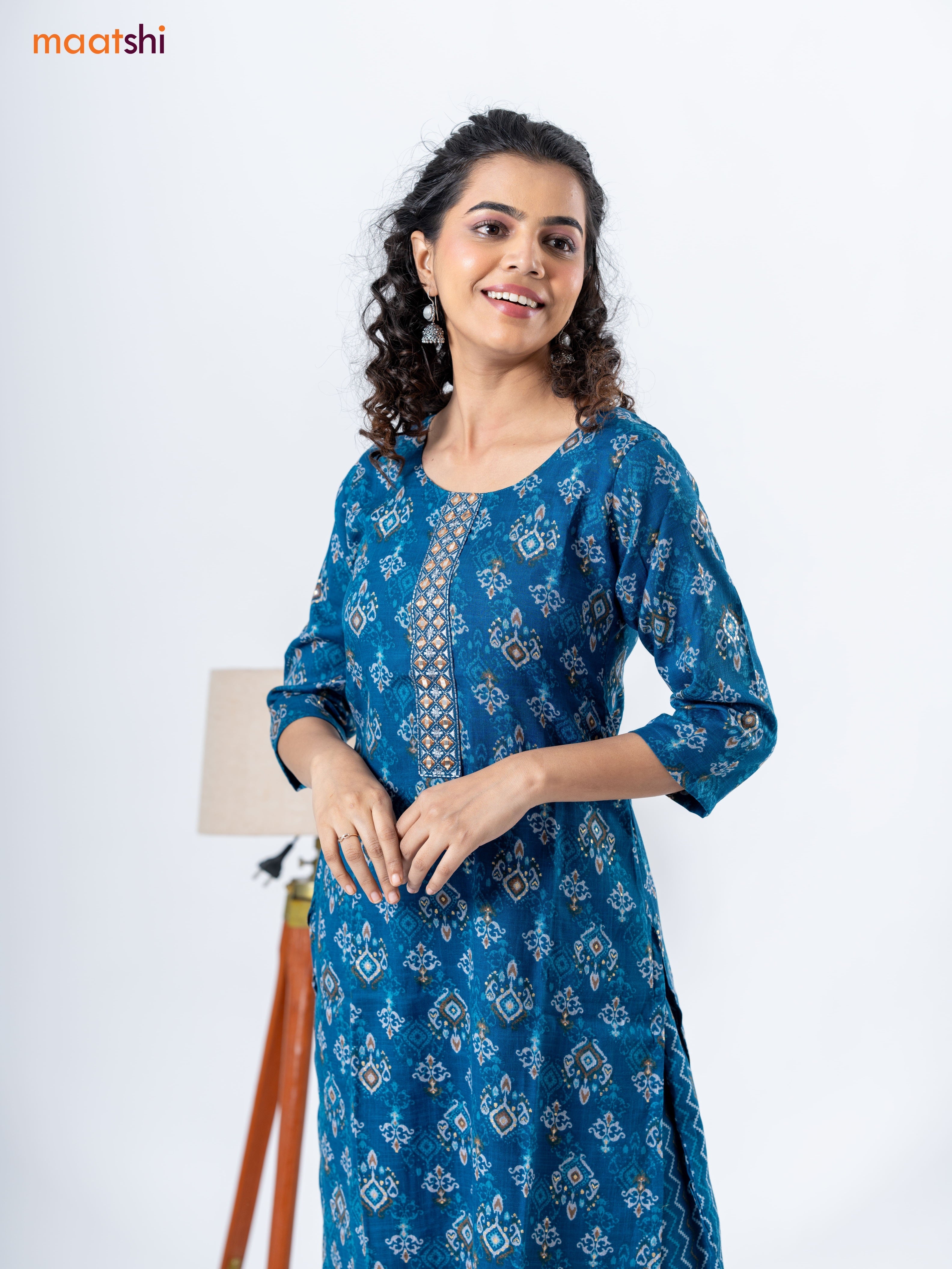 Rayon readymade kurti set peacock blue with allover ikat prints &embroidery work neck pattern and straight cut pant