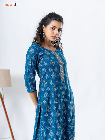 Rayon readymade kurti set peacock blue with allover ikat prints &embroidery work neck pattern and straight cut pant