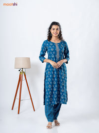 Rayon readymade kurti set peacock blue with allover ikat prints &embroidery work neck pattern and straight cut pant