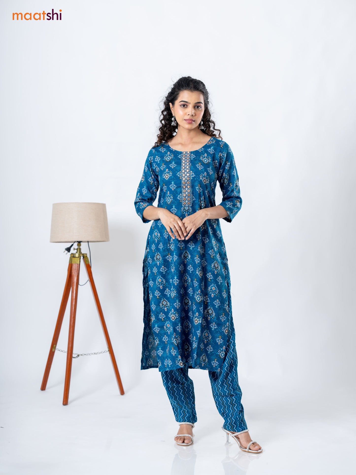 Rayon readymade kurti set peacock blue with allover ikat prints &embroidery work neck pattern and straight cut pant