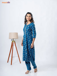 Rayon readymade kurti set peacock blue with allover ikat prints &embroidery work neck pattern and straight cut pant