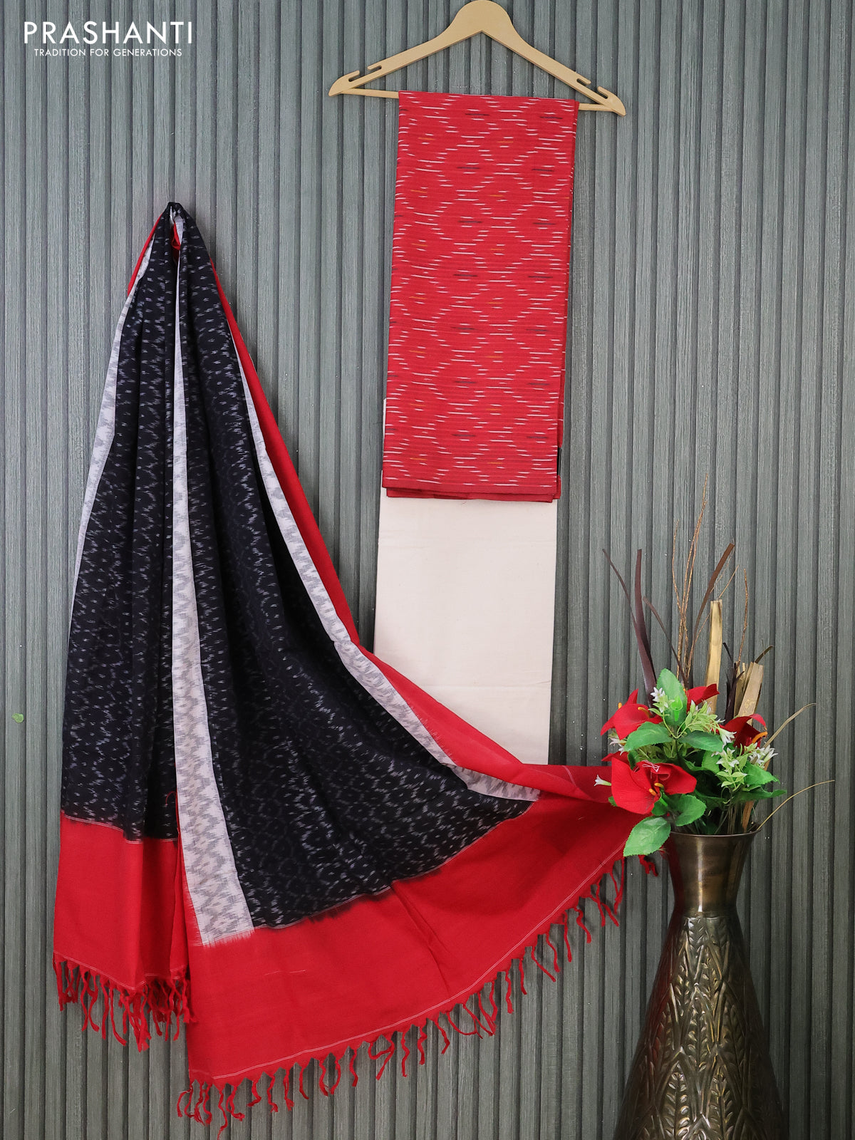 Ikat cotton dress material red and cream black with allover ikat weaves and bottom & dupatta