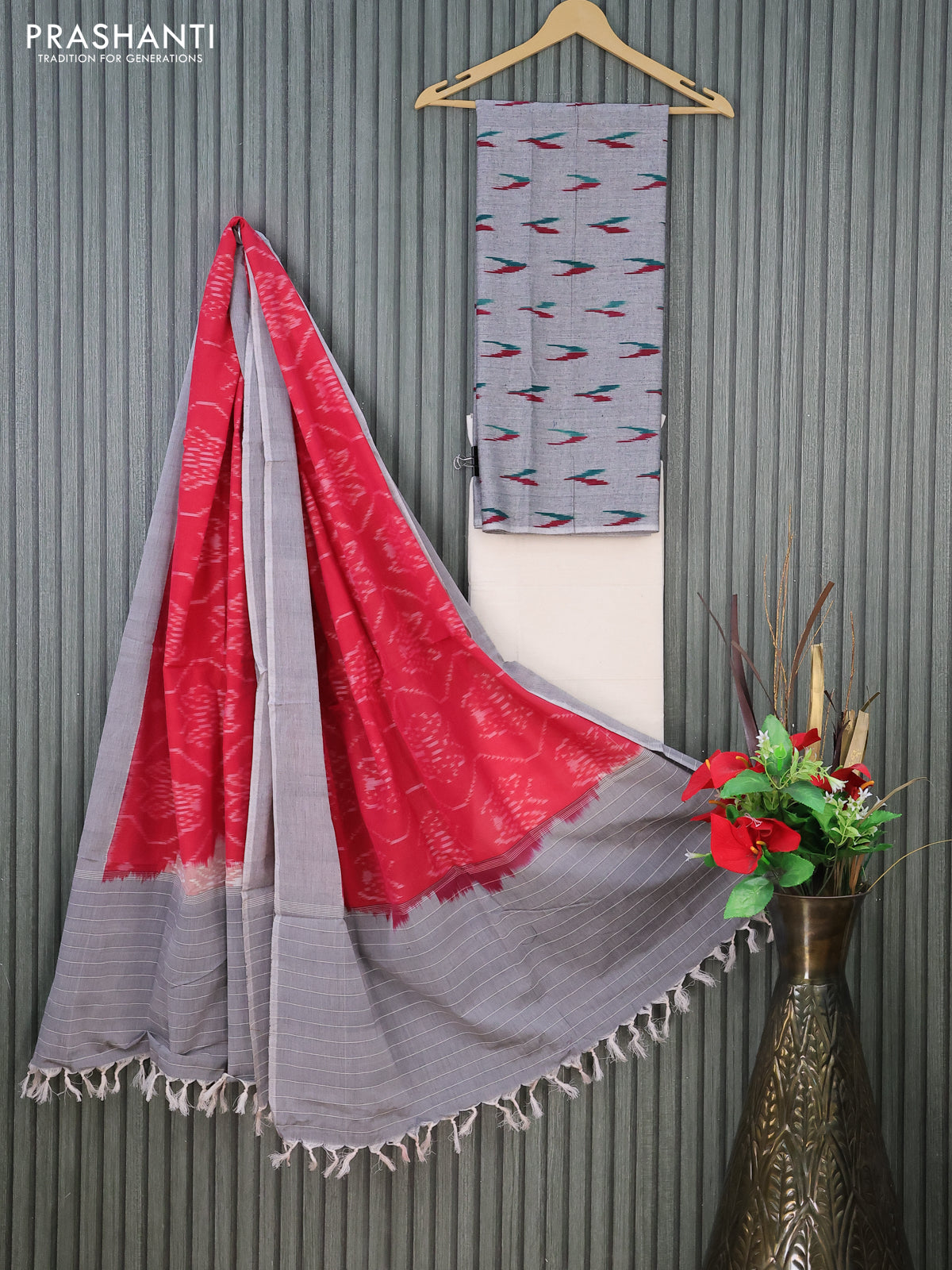 Ikat cotton dress material grey and cream red with allover ikat butta weaves and bottom & dupatta