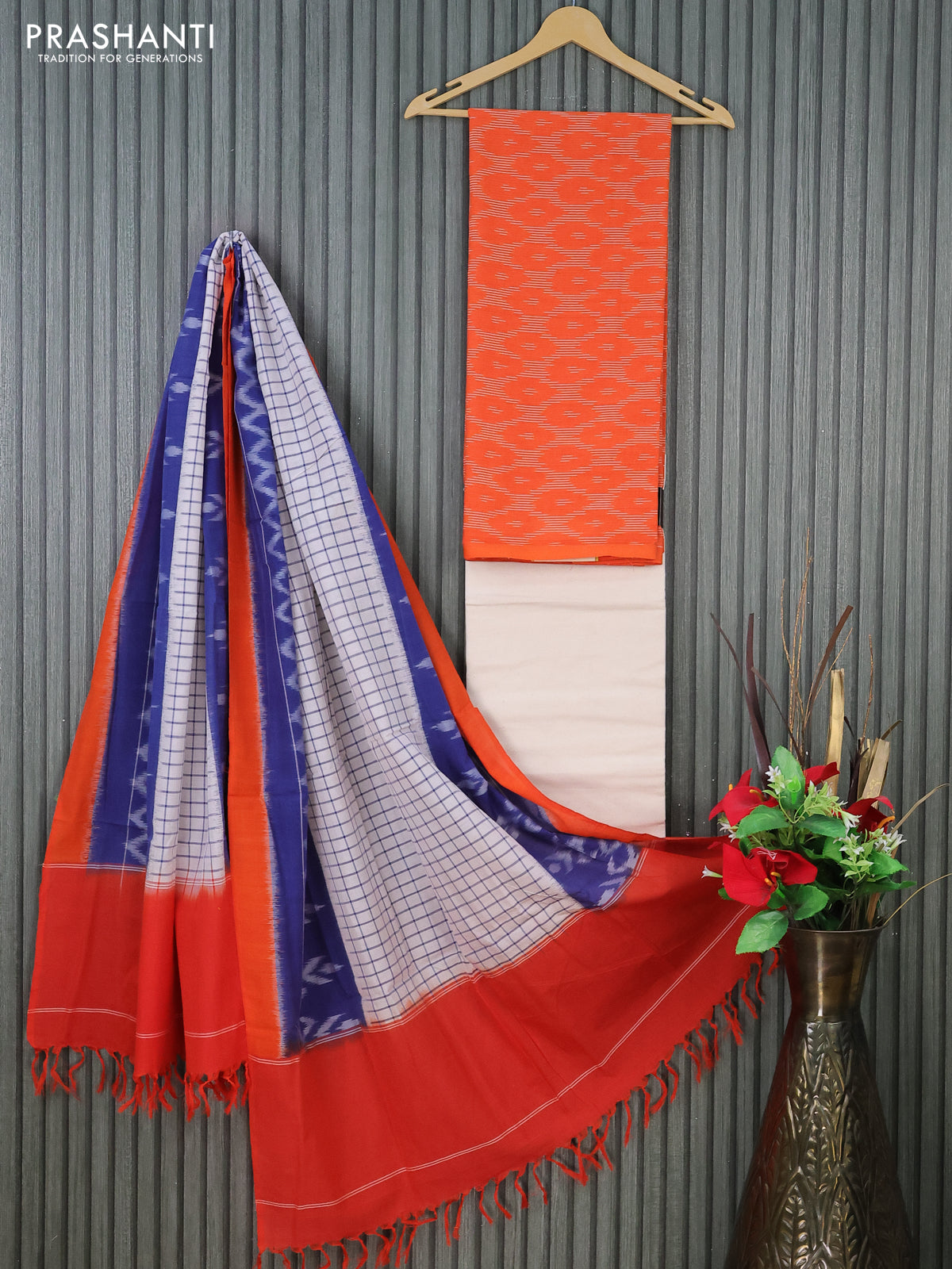 Ikat cotton dress material orange and cream blue with allover ikat weaves and bottom & dupatta