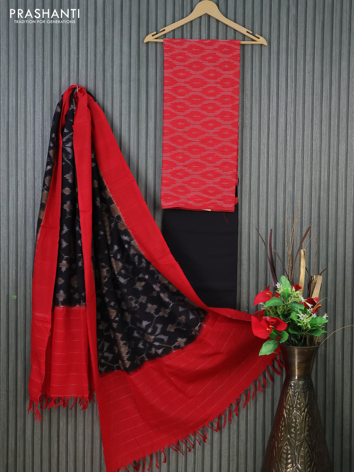 Ikat cotton dress material red and black with allover ikat weaves and bottom & dupatta