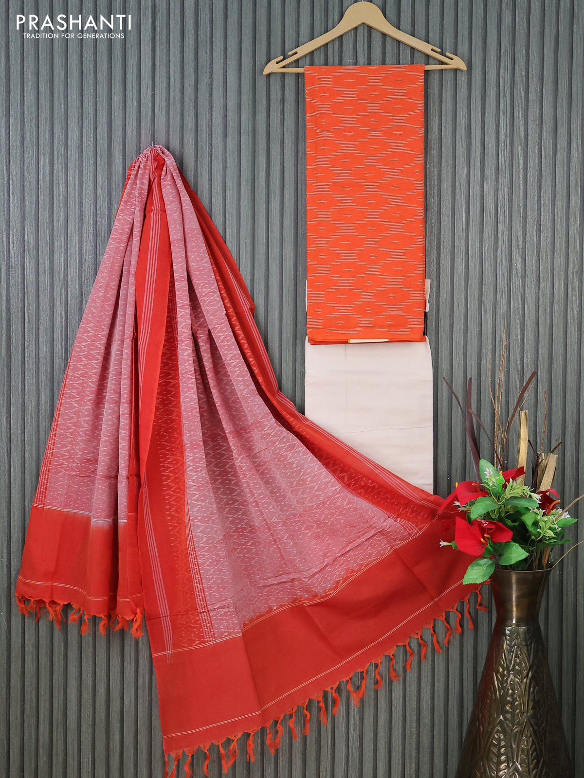 Ikat cotton dress material orange and cream maroon shade with allover ikat weaves and bottom & dupatta