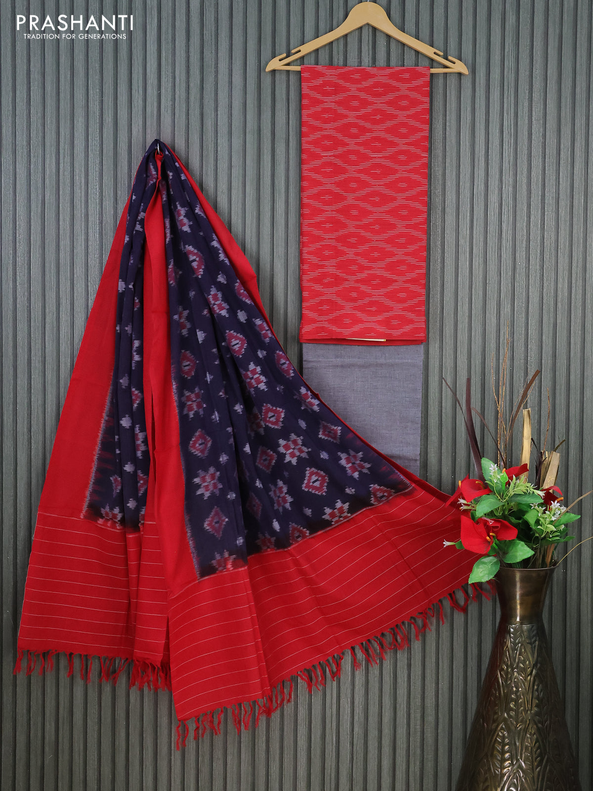 Ikat cotton dress material red and grey navy blue with allover ikat weaves and bottom & dupatta