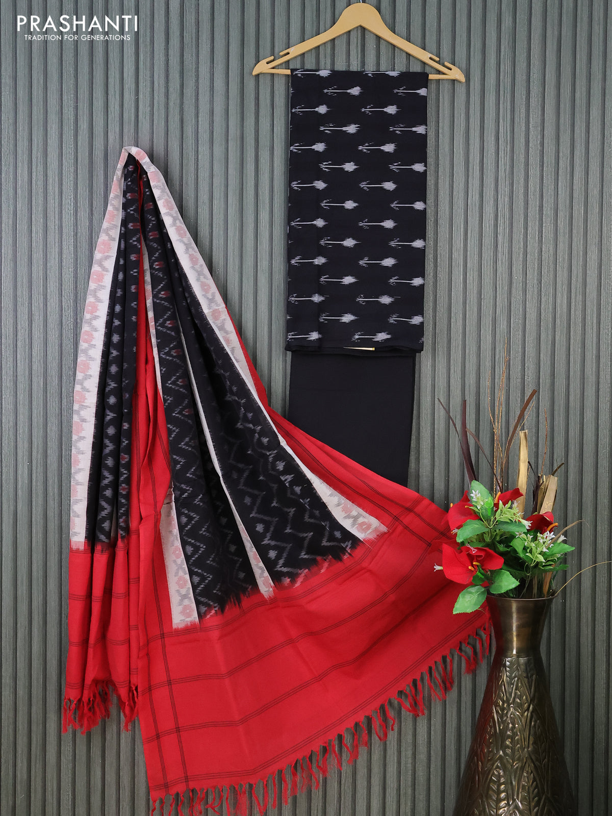 Ikat cotton dress material black and red with allover ikat buttas and bottom & dupatta