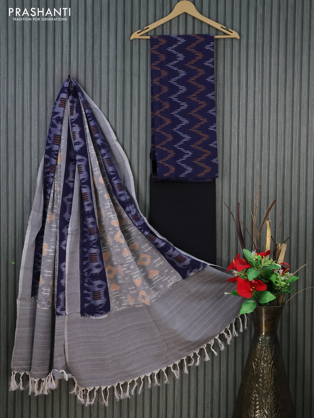 Ikat cotton dress material dark blue and black grey with allover ikat weaves and bottom & dupatta