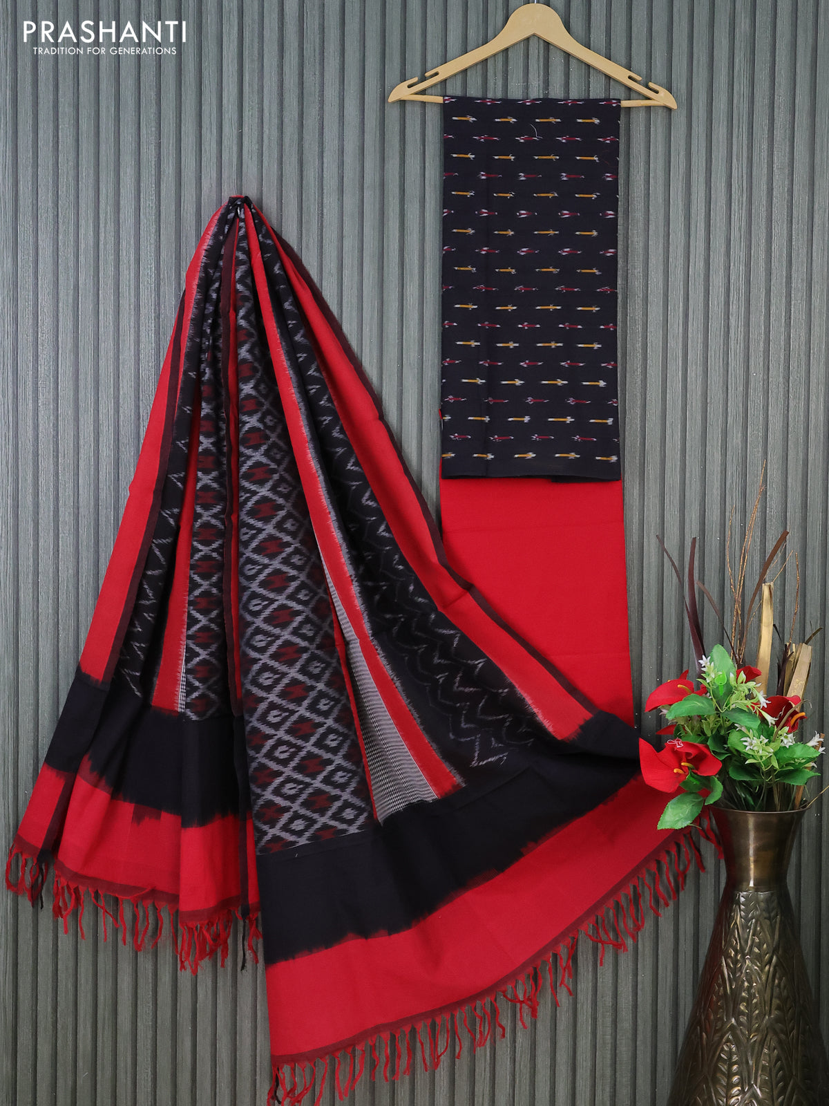 Ikat cotton dress material black and red with allover ikat butta weaves and bottom & dupatta