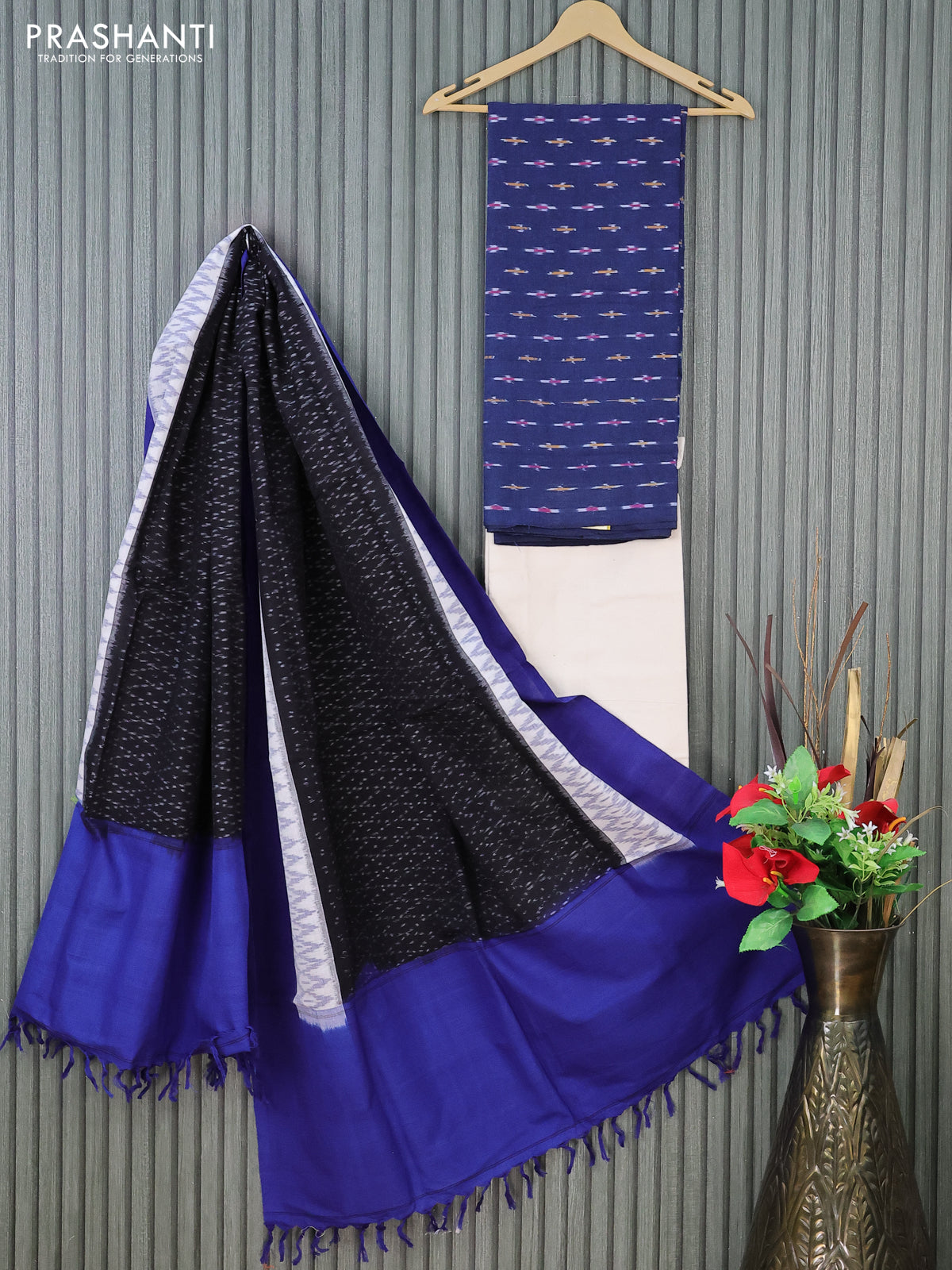 Ikat cotton dress material navy blue and cream black with allover ikat butta weaves and bottom & dupatta