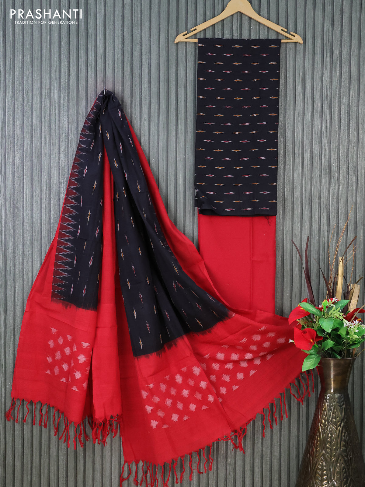 Ikat cotton dress material black and maroon with allover ikat butta weaves and bottom & dupatta