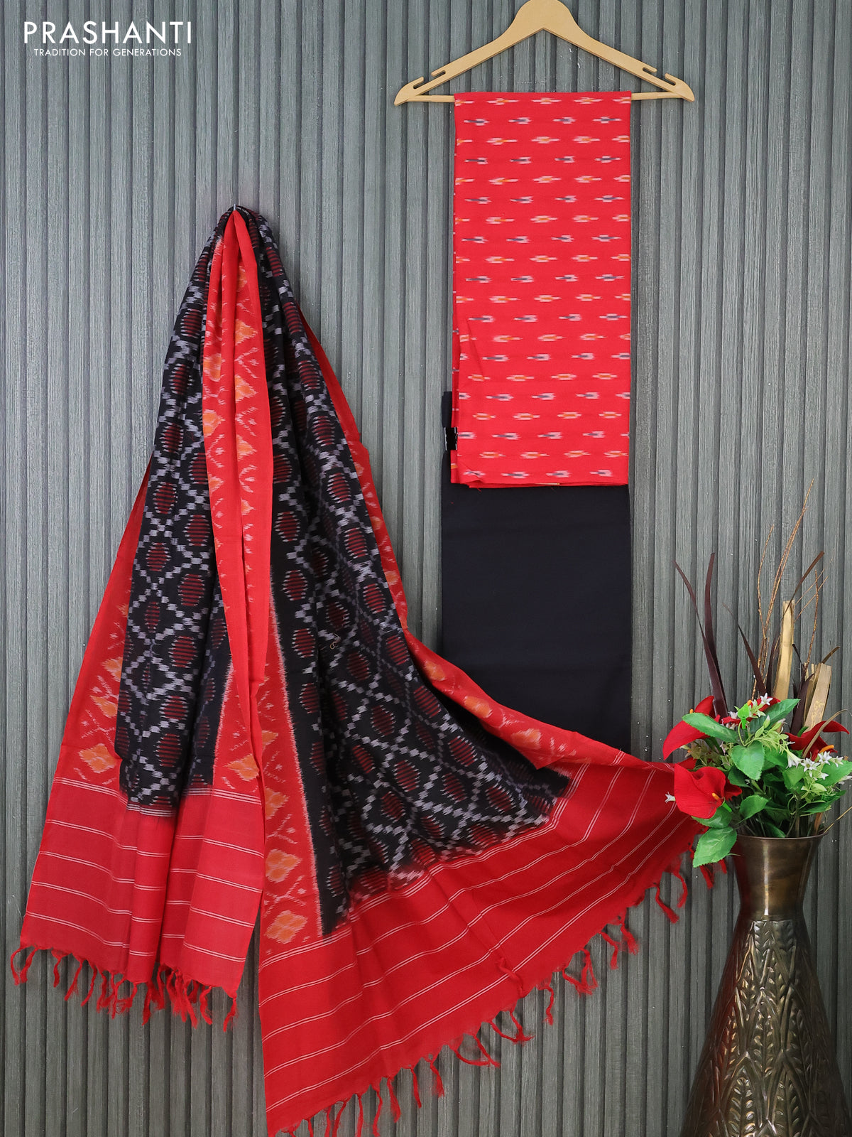 Ikat cotton dress material red and black with allover ikat butta weaves and bottom & dupatta