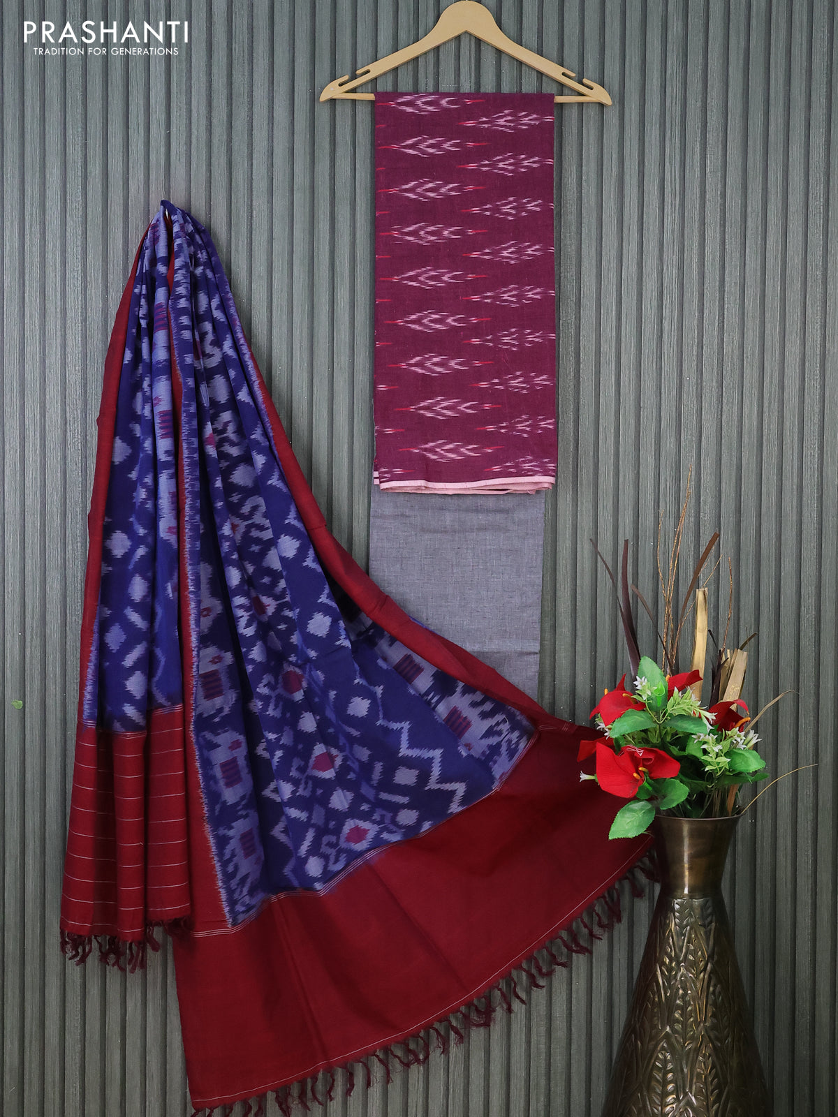 Ikat cotton dress material dark magenta pink and grey blue with allover ikat butta weaves and bottom & dupatta