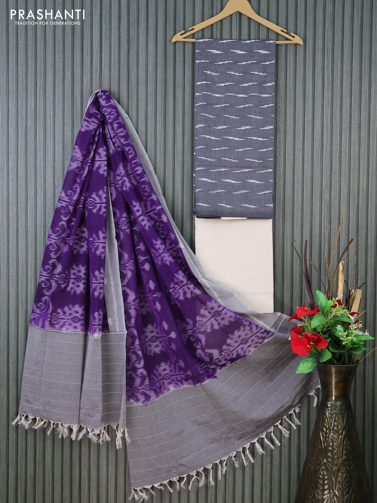 Ikat cotton dress material grey and cream violet with allover ikat weaves and bottom & dupatta