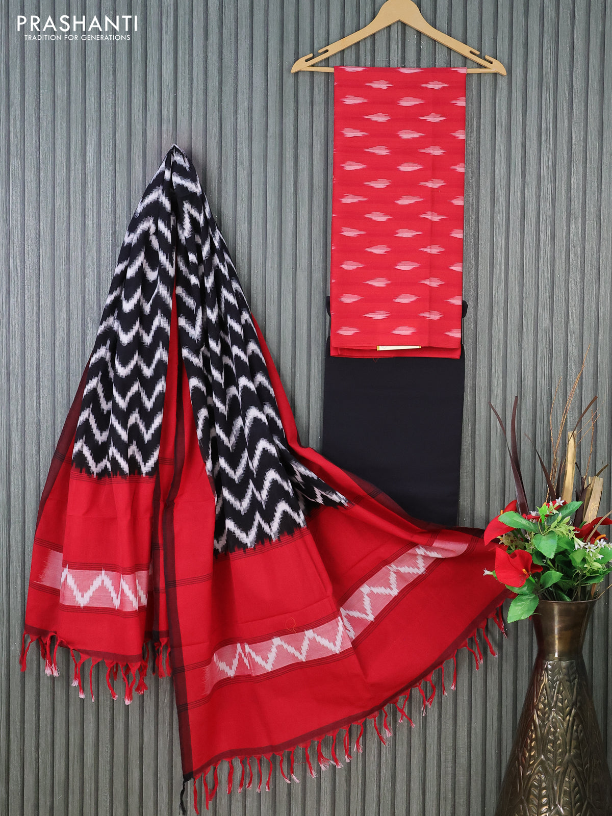 Ikat cotton dress material red and black with allover ikat butta weaves and bottom & dupatta