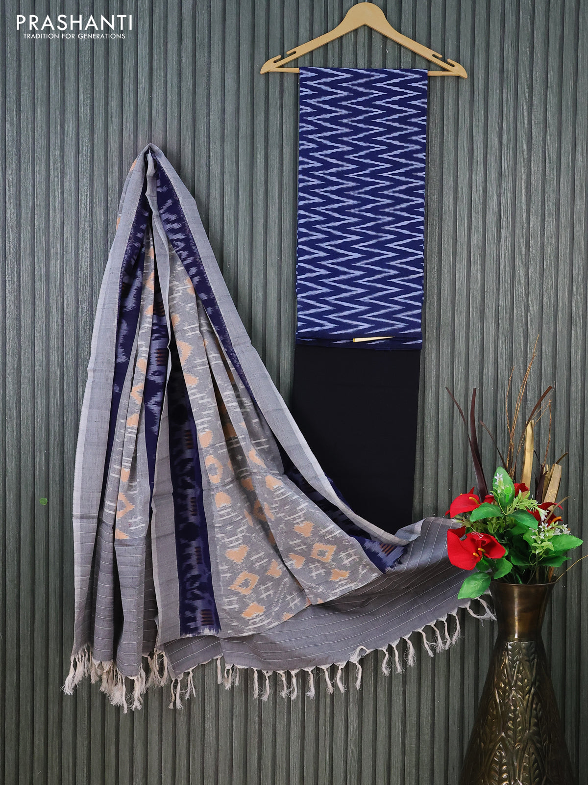 Ikat cotton dress material blue and black grey with allover ikat weaves and bottom & dupatta