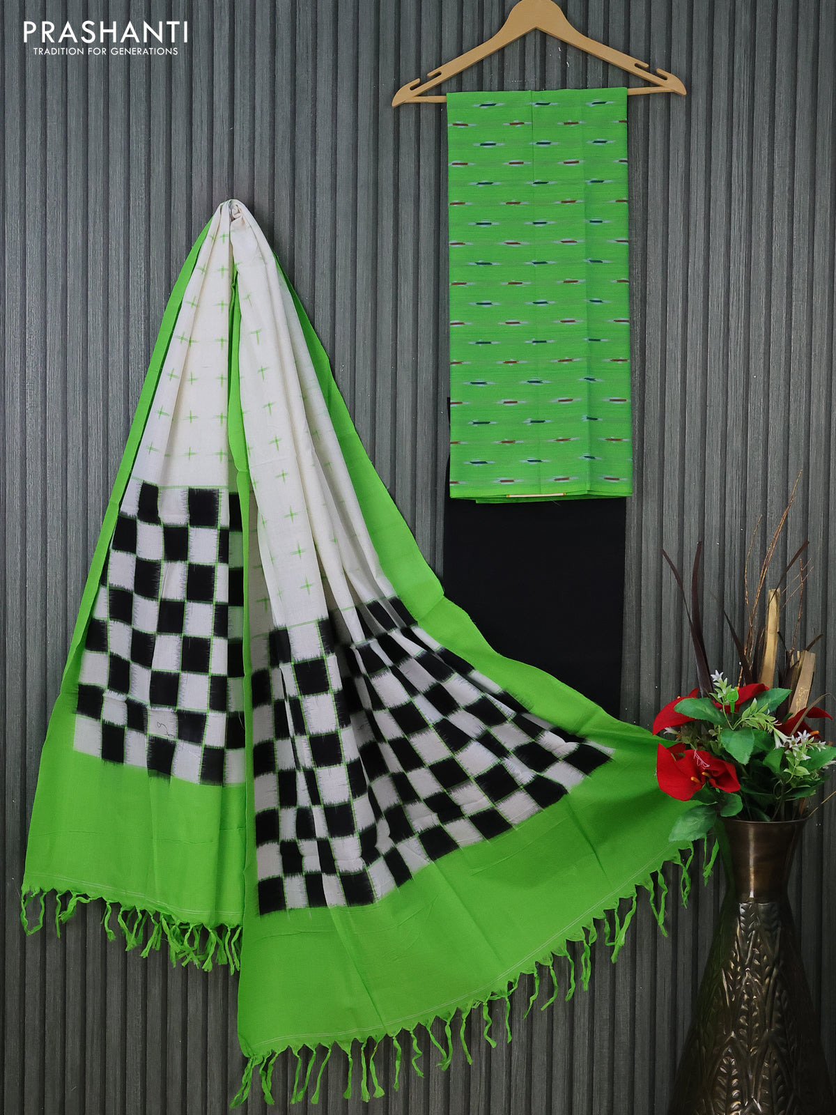 Ikat cotton dress material green and black cream with allover ikat butta weaves and bottom & dupatta