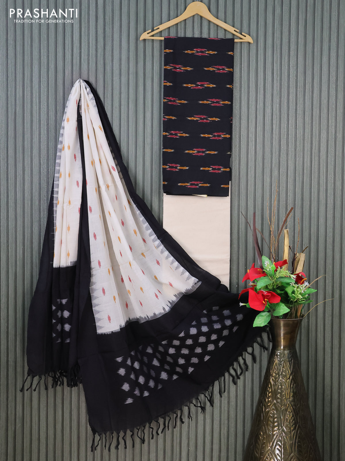 Ikat cotton dress material black and cream with allover ikat buttas and bottom & dupatta