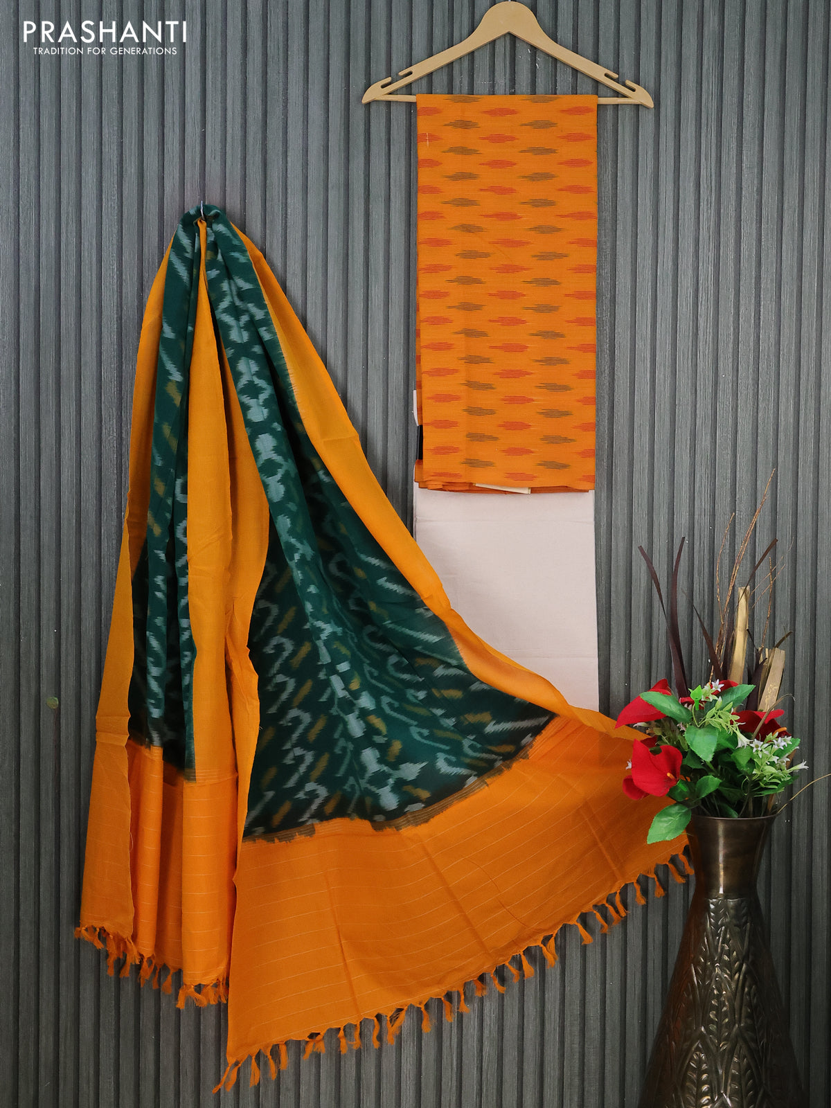 Ikat cotton dress material mango yellow and cream green with allover ikat butta weaves and bottom & dupatta