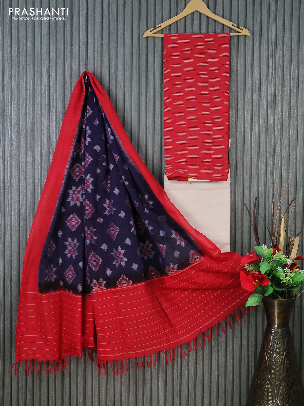 Ikat cotton dress material red and cream navy blue with allover ikat butta weaves and bottom & dupatta