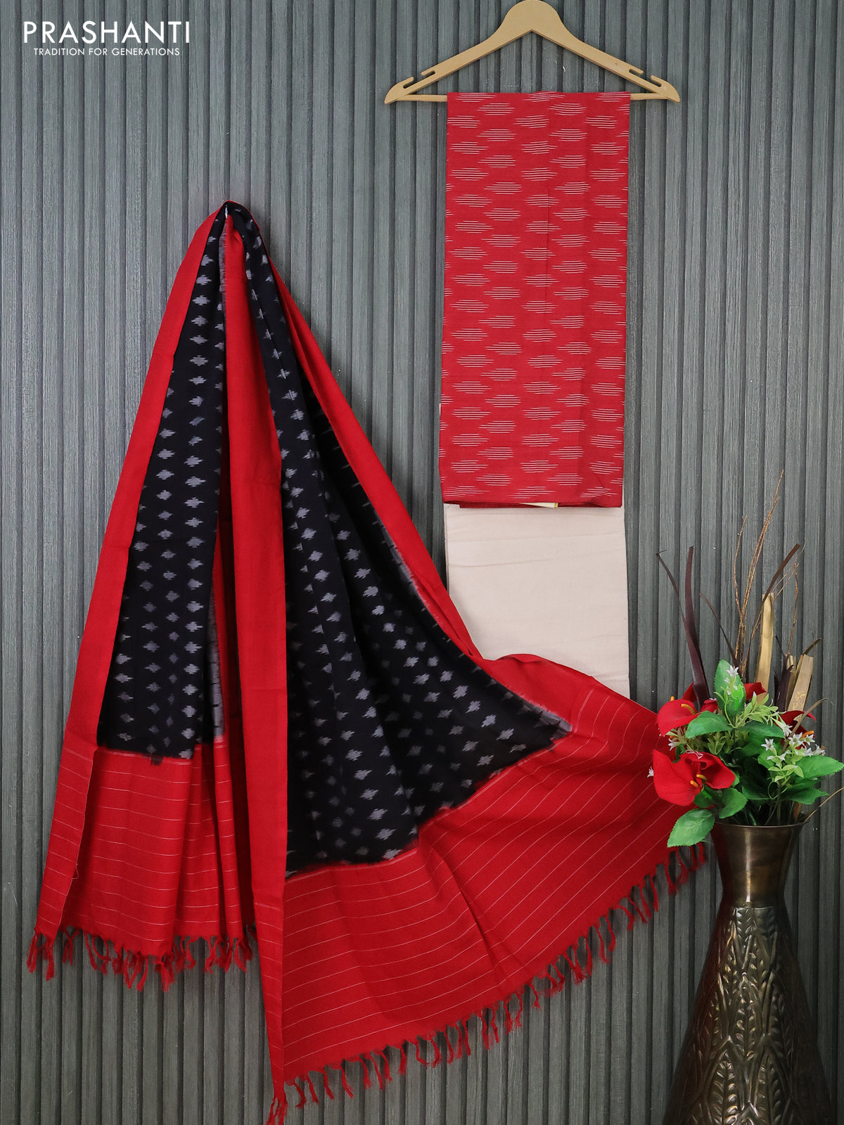 Ikat cotton dress material red and cream black with allover ikat butta weaves and bottom & dupatta