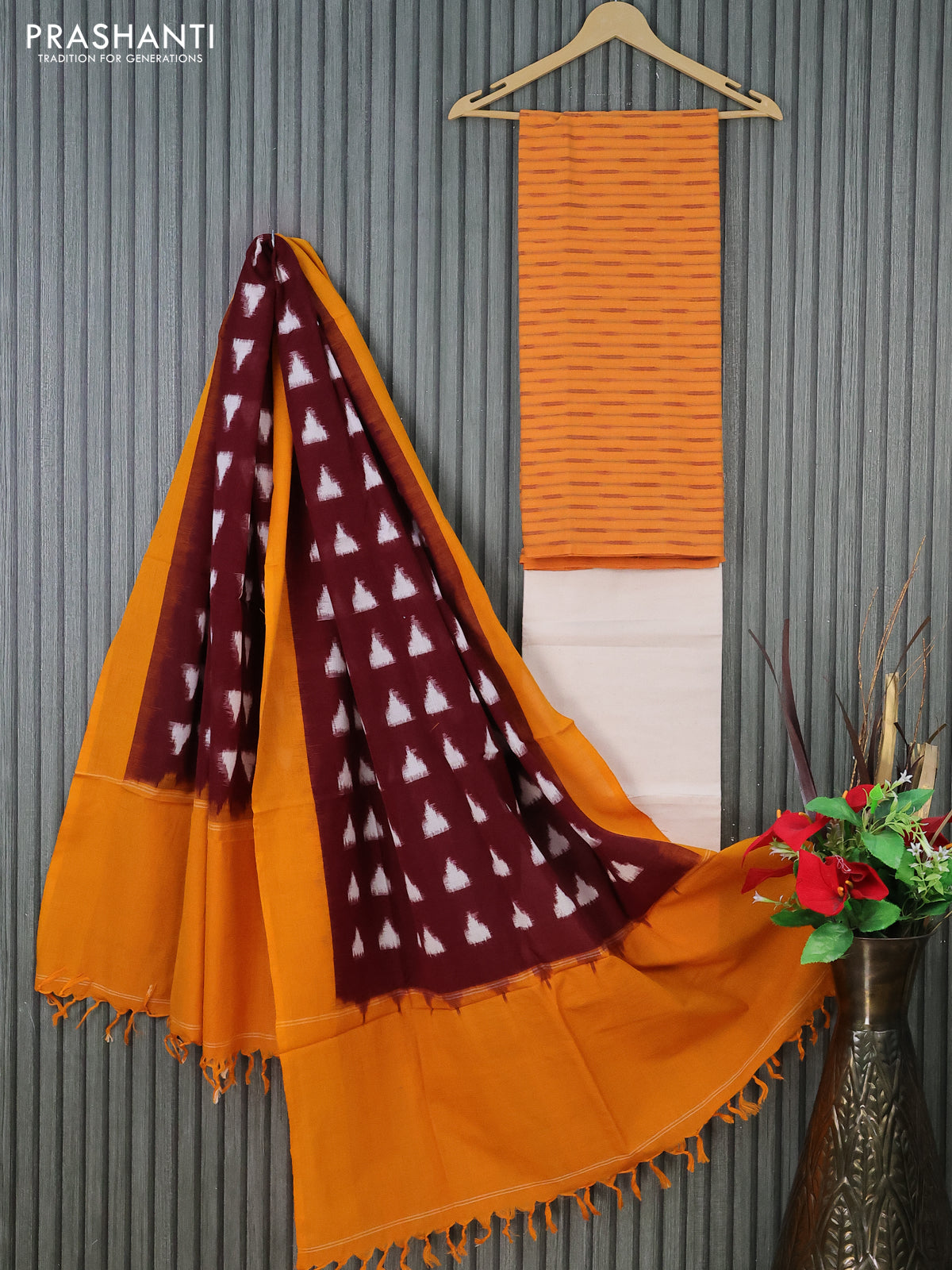 Ikat cotton dress material mango yellow and cream maroon with allover ikat weaves and bottom & dupatta