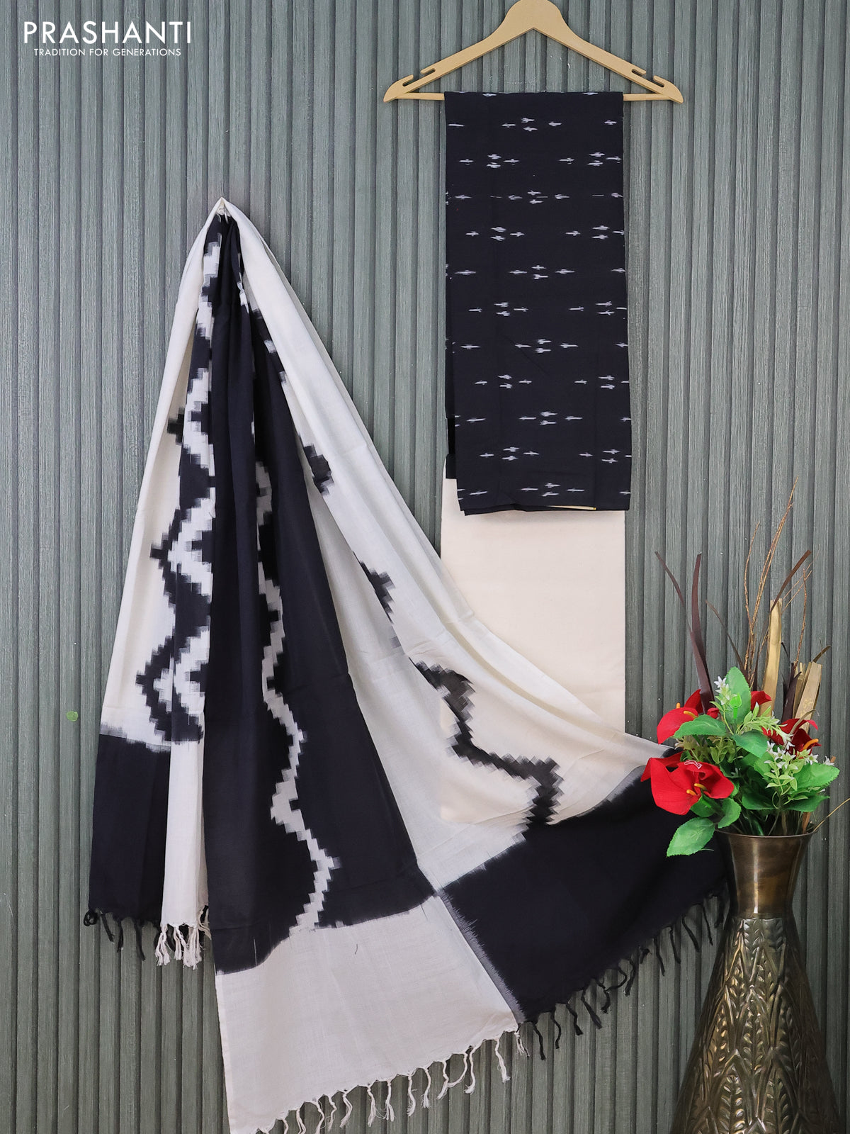 Ikat cotton dress material black and cream with allover ikat buttas and bottom & dupatta