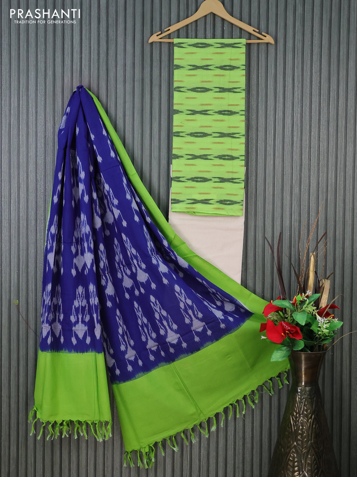 Ikat cotton dress material light green and cream blue with allover ikat weaves and bottom & dupatta