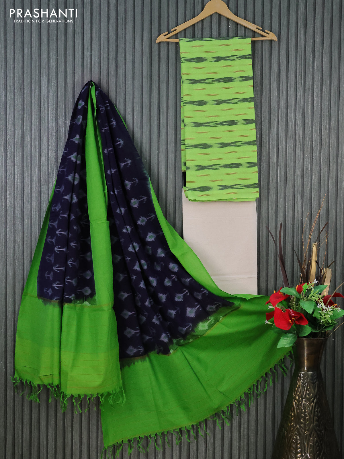 Ikat cotton dress material light green and cream navy blue with allover ikat butta weaves and bottom & dupatta