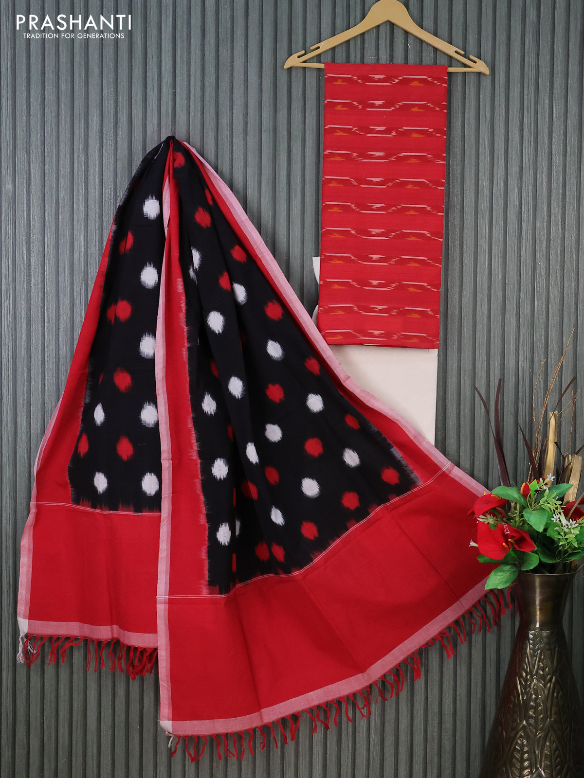 Ikat cotton dress material red and cream black with allover ikat weaves and bottom & dupatta