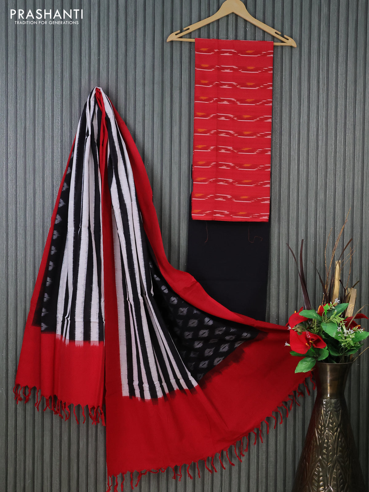 Ikat cotton dress material red and black with allover ikat weaves and bottom & dupatta