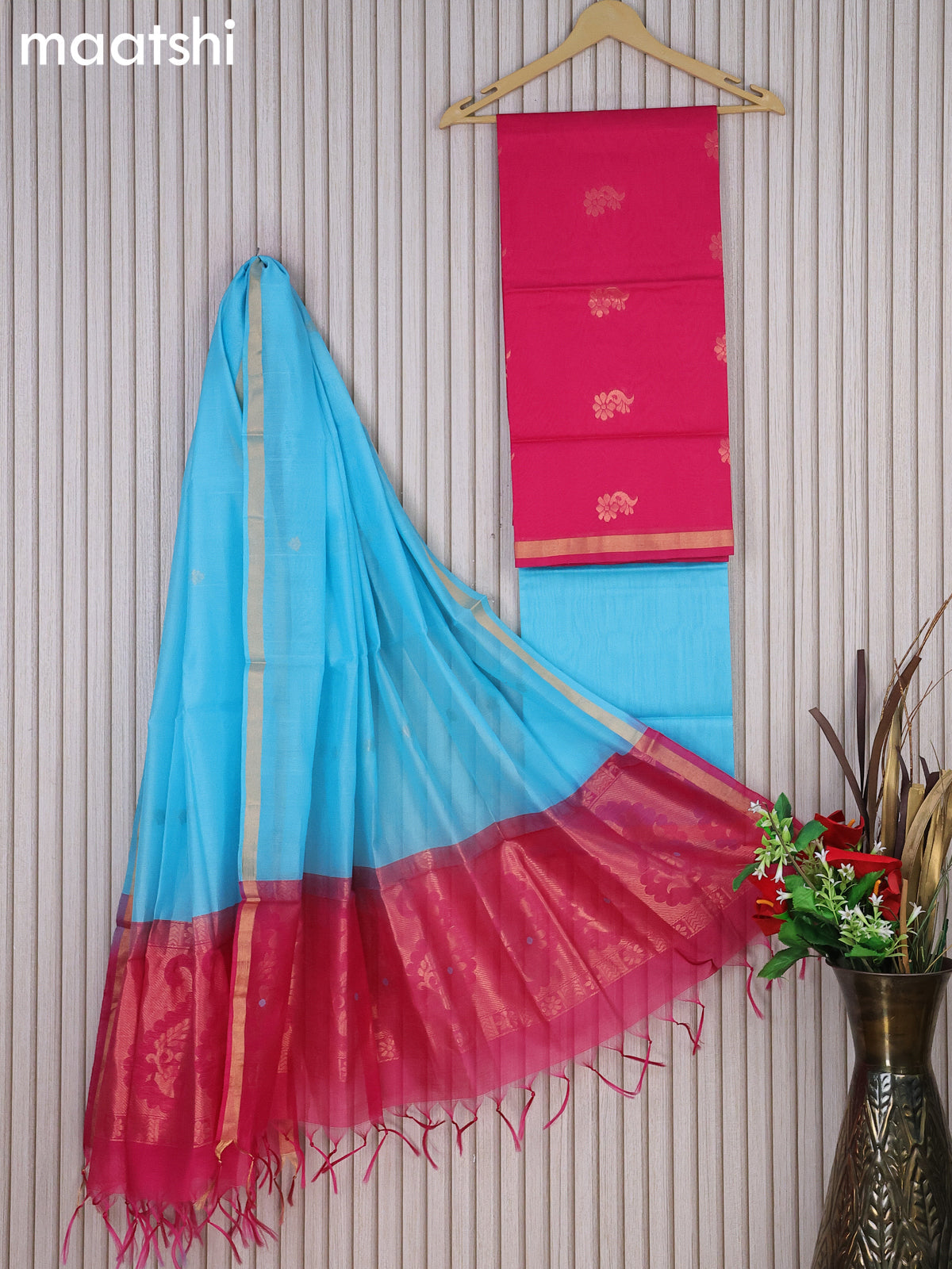 Silk cotton dress material pink and light blue with zari woven buttas and bottom & zari dupatta