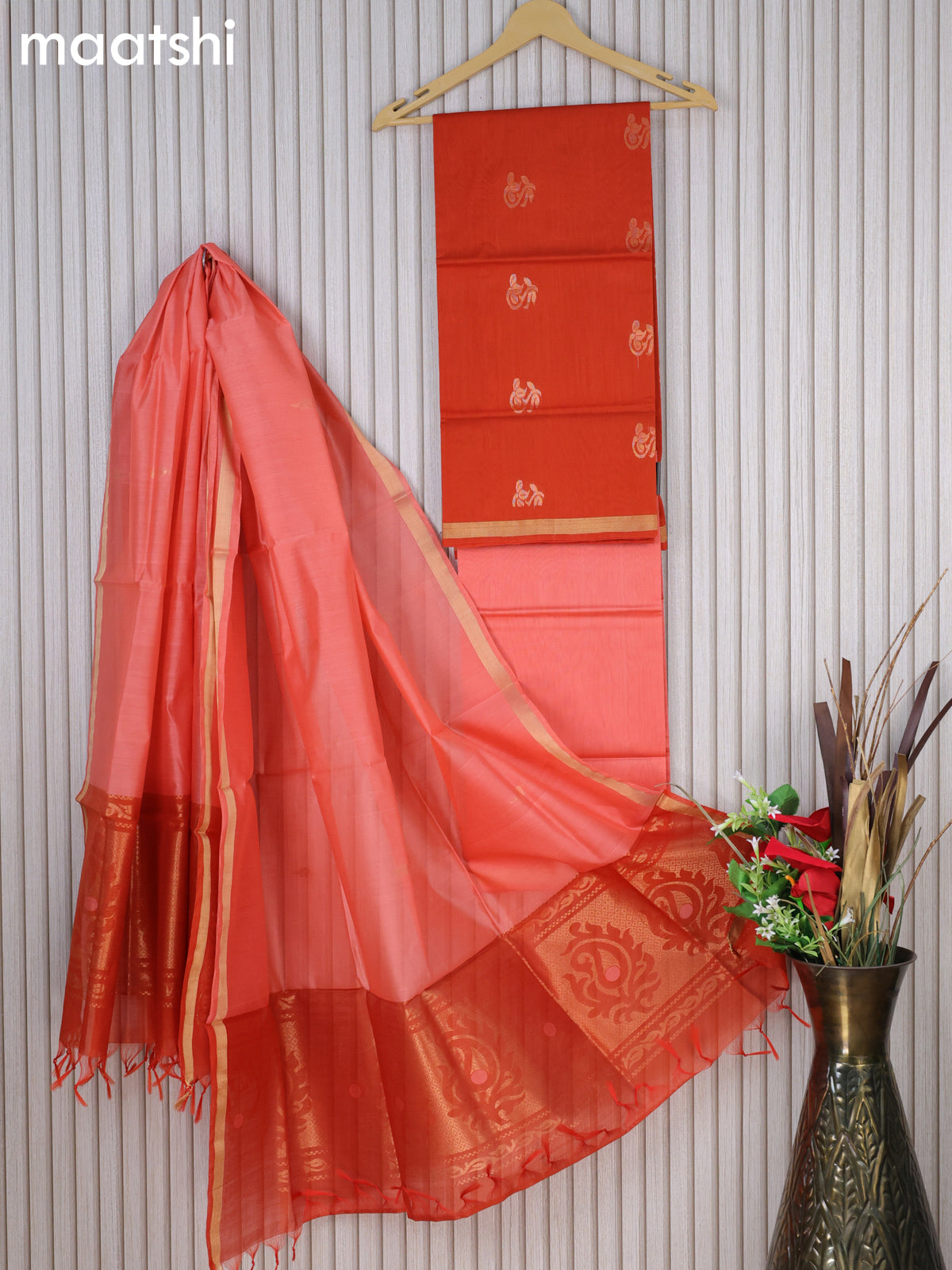 Silk cotton dress material orange and peach orange with floral zari woven buttas and bottom & zari dupatta