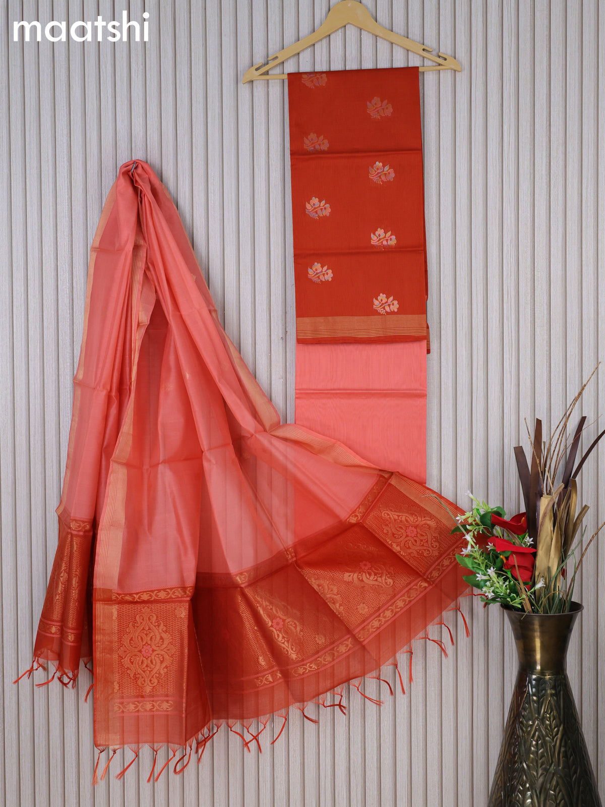 Silk cotton dress material rustic orange and peach shade with floral zari woven buttas and bottom & zari dupatta