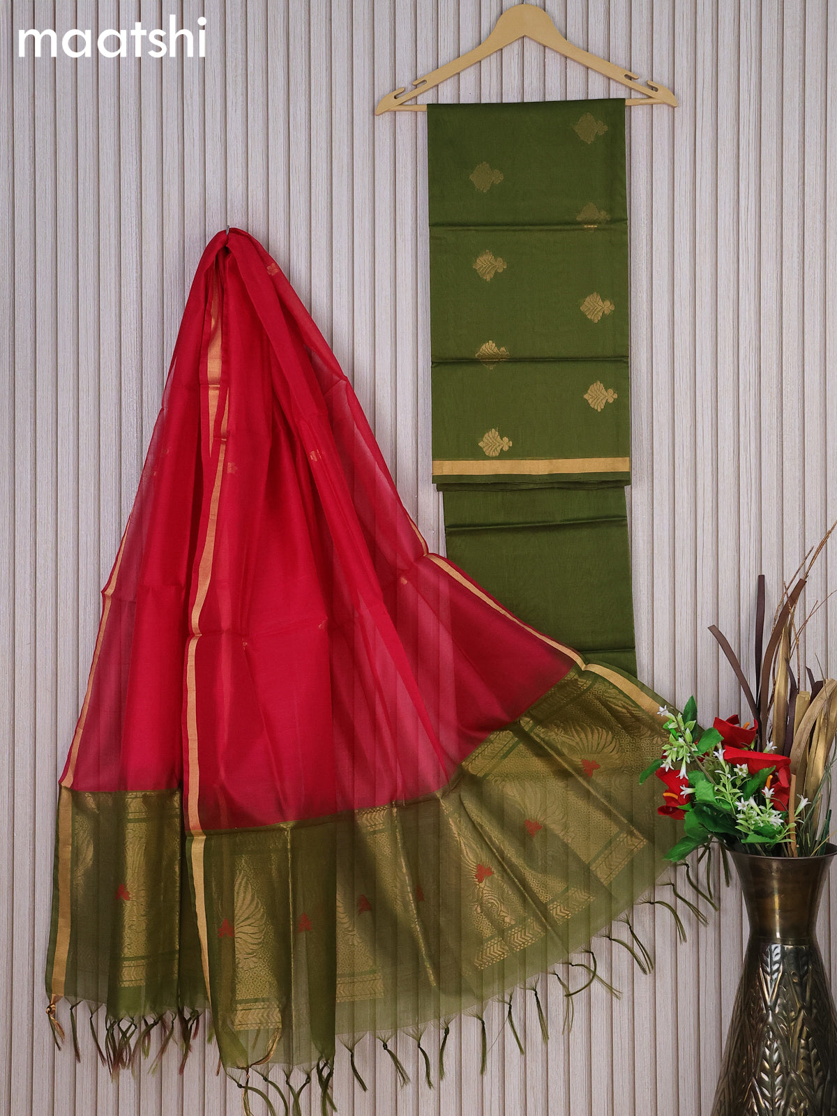 Silk cotton dress material green and pink with zari woven buttas and bottom & zari dupatta