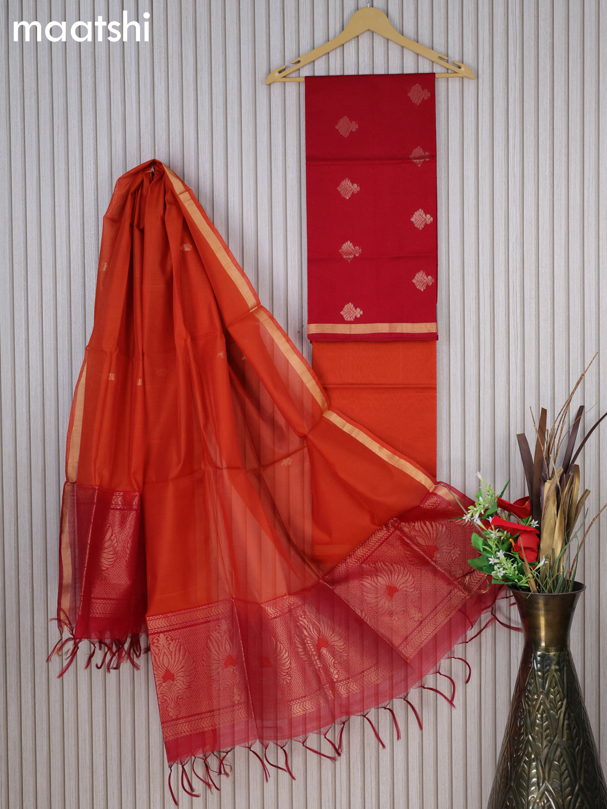 Silk cotton dress material red and orange with zari woven buttas and bottom & zari dupatta