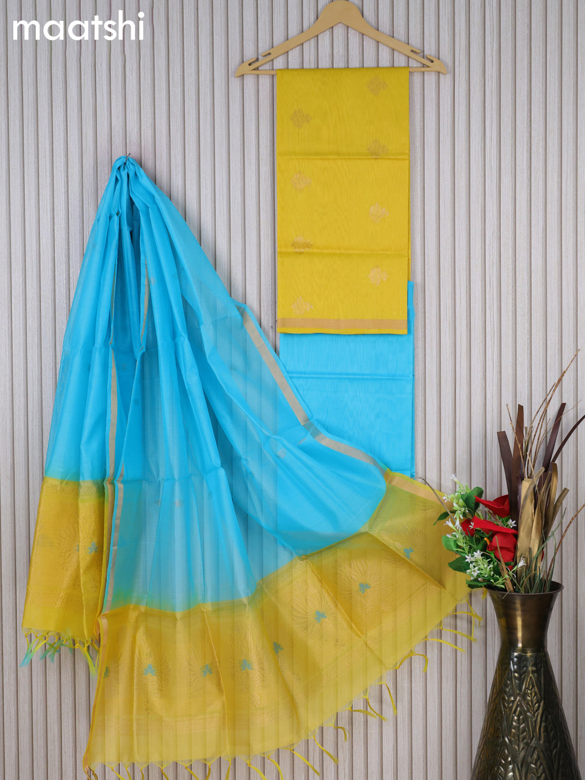 Silk cotton dress material lime yellow and light blue with zari woven buttas and bottom & zari dupatta