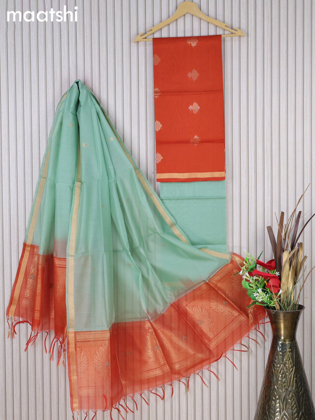 Silk cotton dress material orange and pastel green with zari woven buttas and bottom & zari dupatta