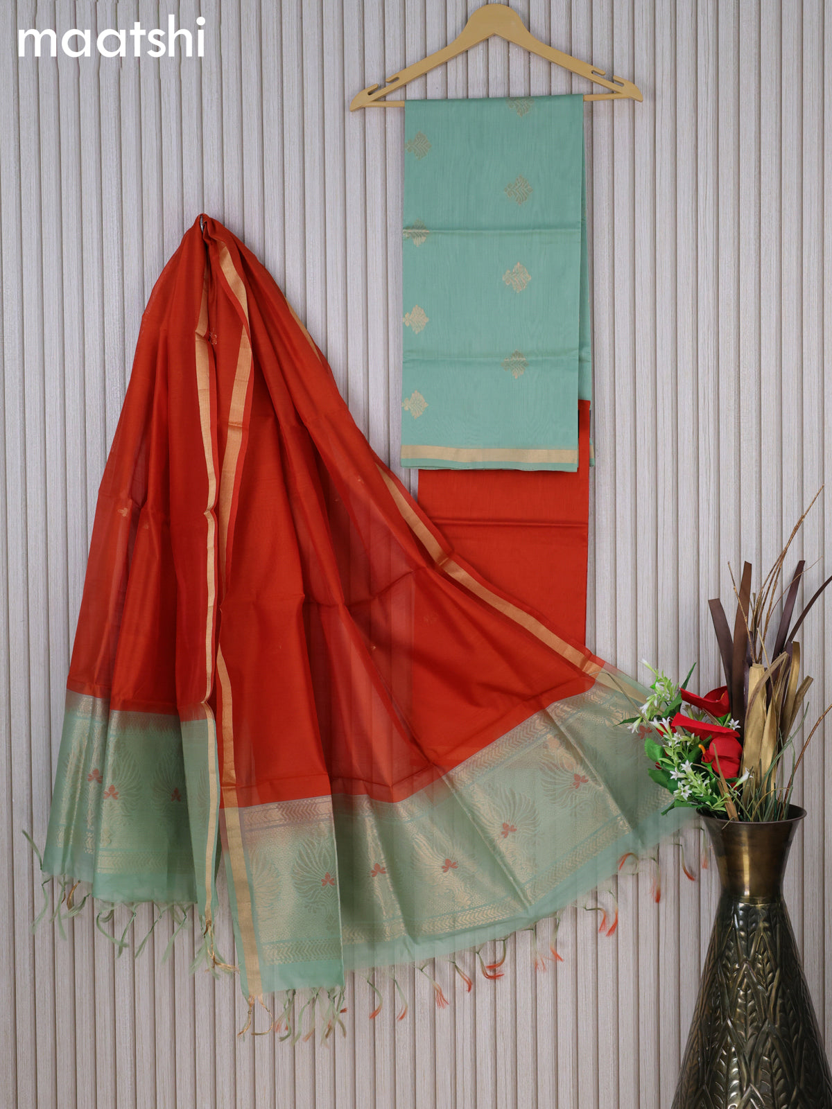 Silk cotton dress material pastel green and orange with zari woven buttas and bottom & zari dupatta