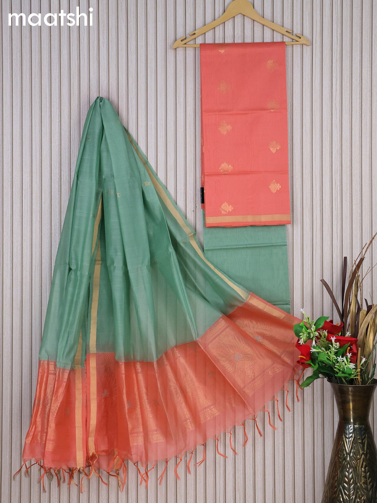 Silk cotton dress material peach orange and pastel green with zari woven buttas and bottom & zari dupatta