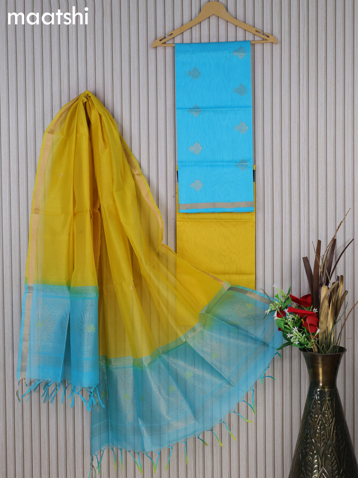 Silk cotton dress material light blue and lime yellow with zari woven buttas and bottom & zari dupatta