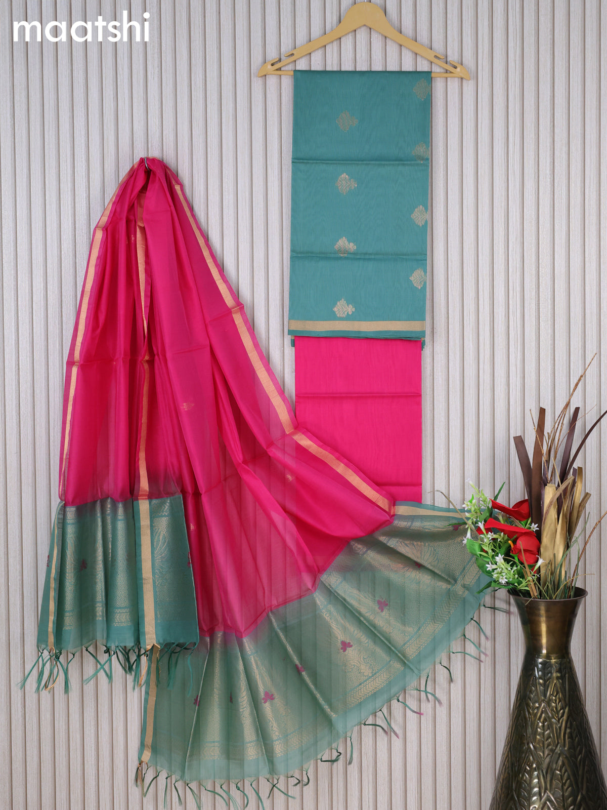 Silk cotton dress material pastel green and pink with zari woven buttas and bottom & zari dupatta