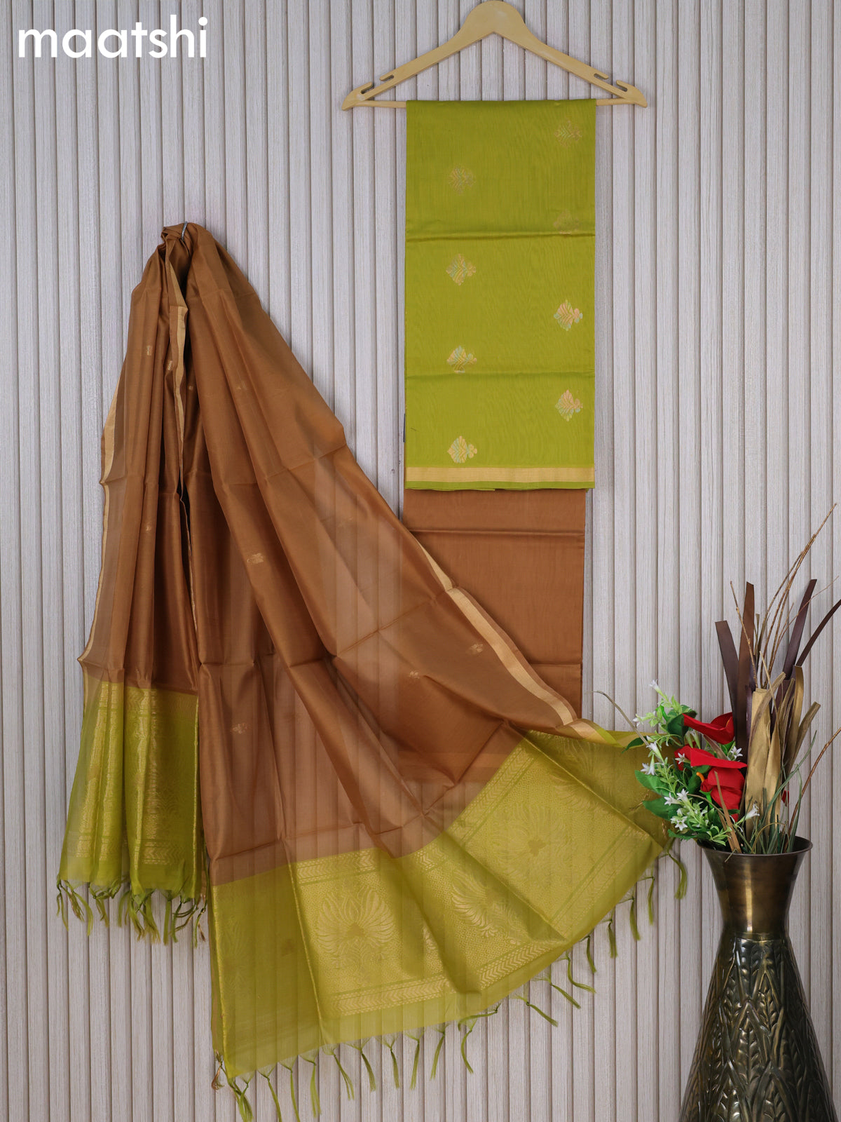 Silk cotton dress material lime green and brown shade with zari woven buttas and bottom & zari dupatta