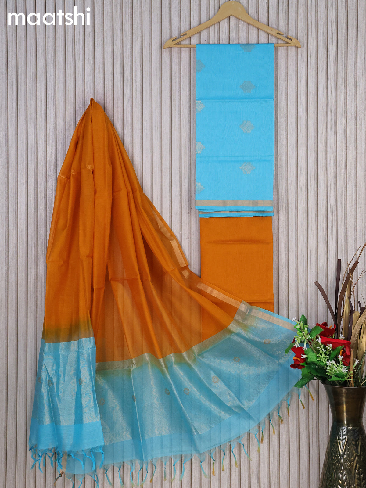 Silk cotton dress material light blue and mustard yellow with zari woven buttas and bottom & zari dupatta